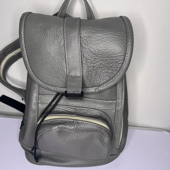 Small Mini Bucket GrayBackpack Daypack Drawstring Dual Strap Bag Genuine Leather - Picture 3 of 10